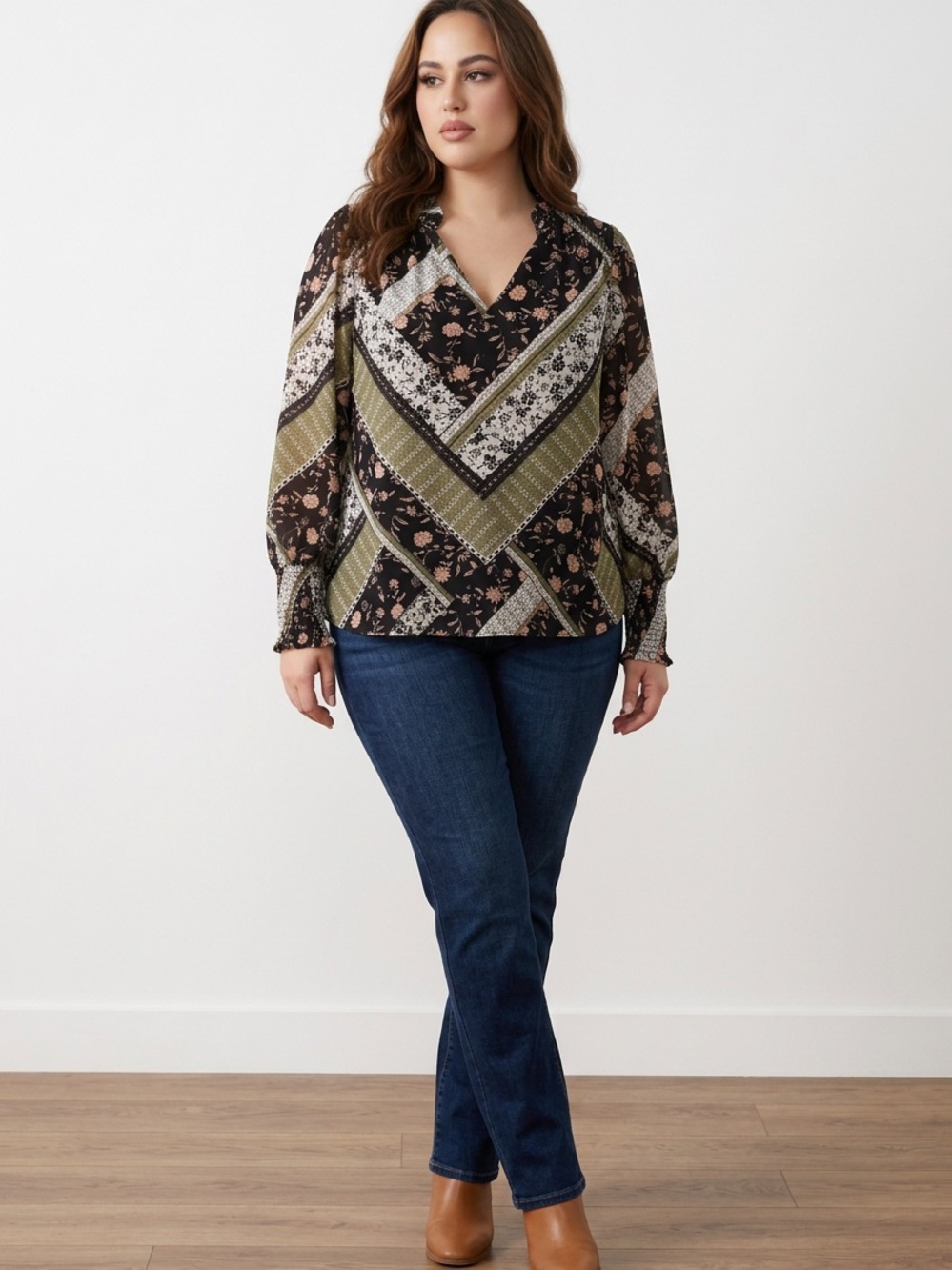 Mixed Floral Chevron Blouse in Black and Olive